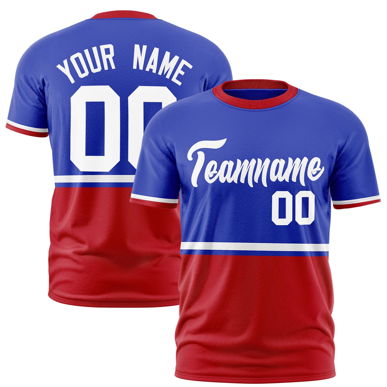 Custom Royal Blue White-Red Crew neck Color Block Design Performance T-Shirt