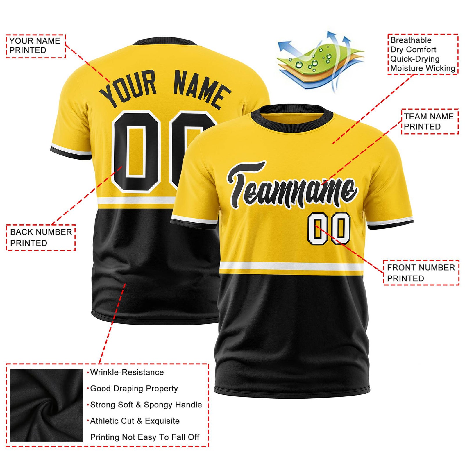 Custom Gold-01 White-Black Crew neck Color Block Design Performance T-Shirt