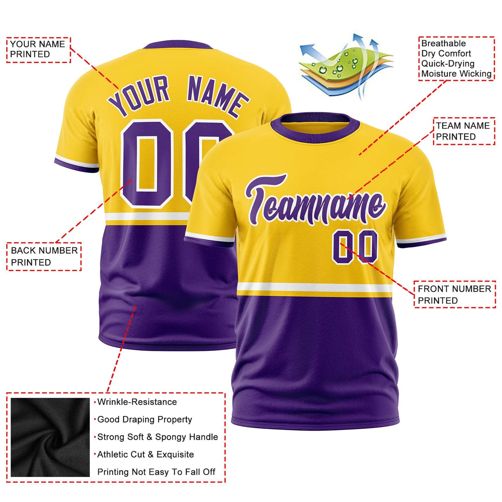 Custom Gold-01 White-Purple Crew neck Color Block Design Performance T-Shirt