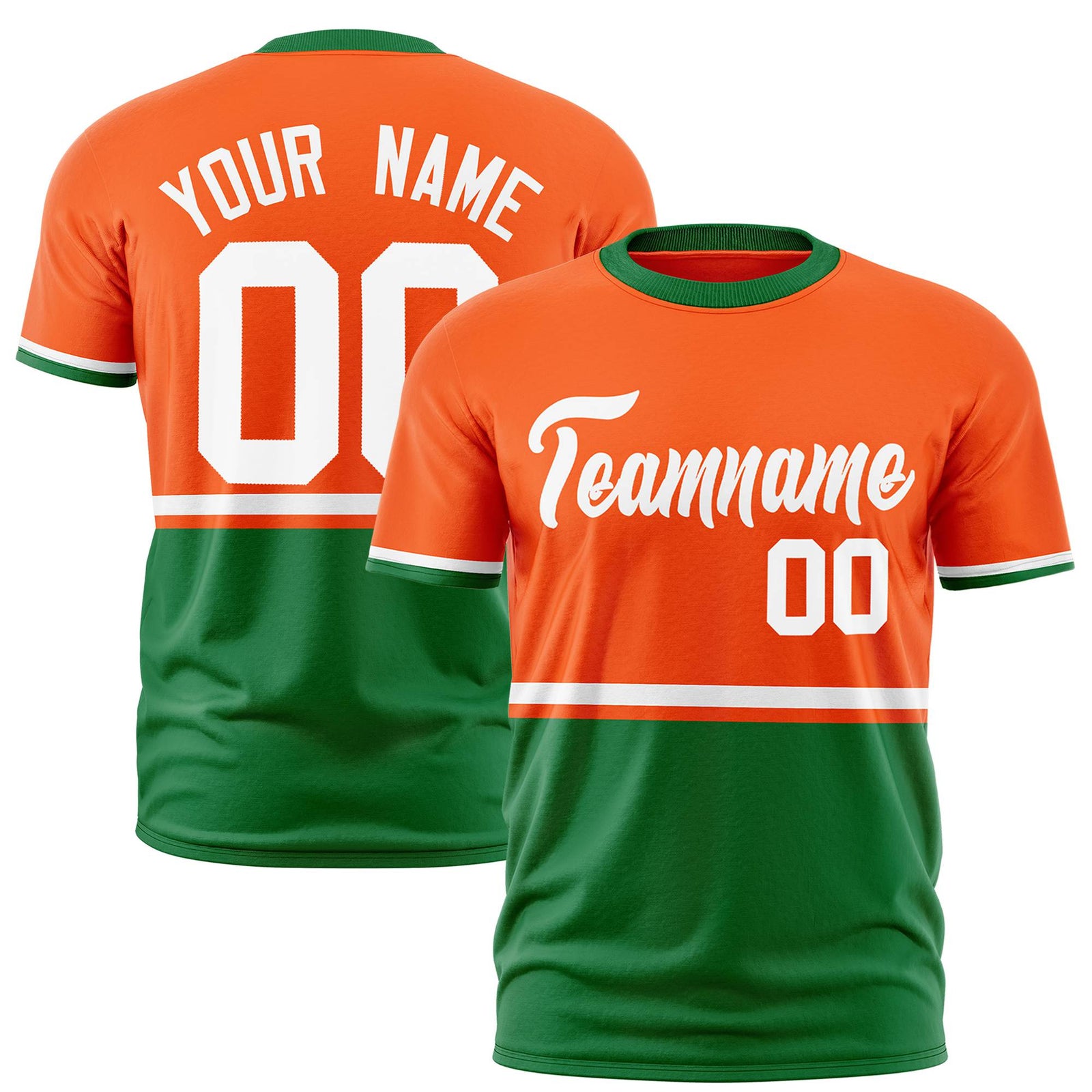 Custom Orange White-Kelly Green Crew neck Color Block Design Performance T-Shirt