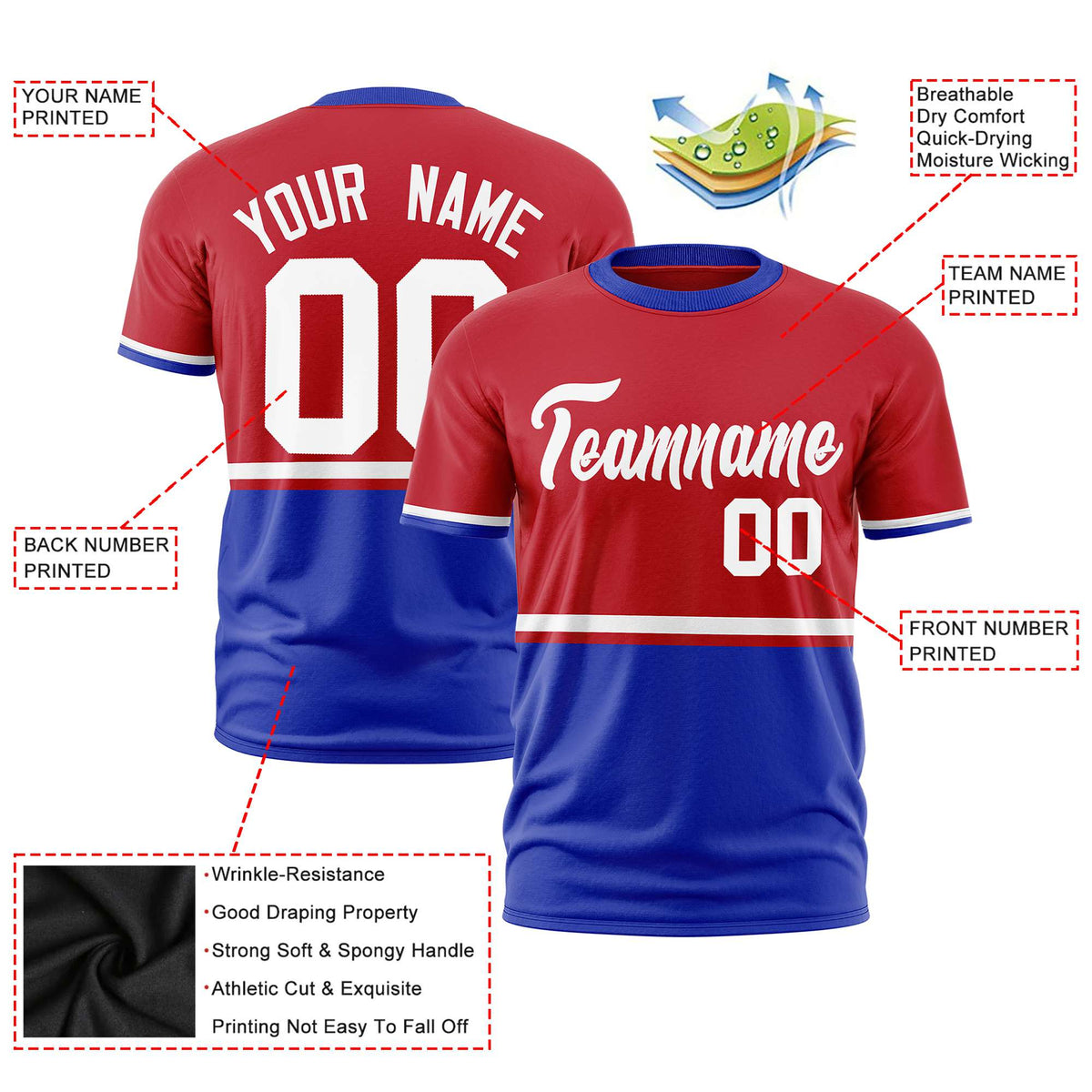 Custom Red White-Royal Blue Crew neck Color Block Design Performance T-Shirt