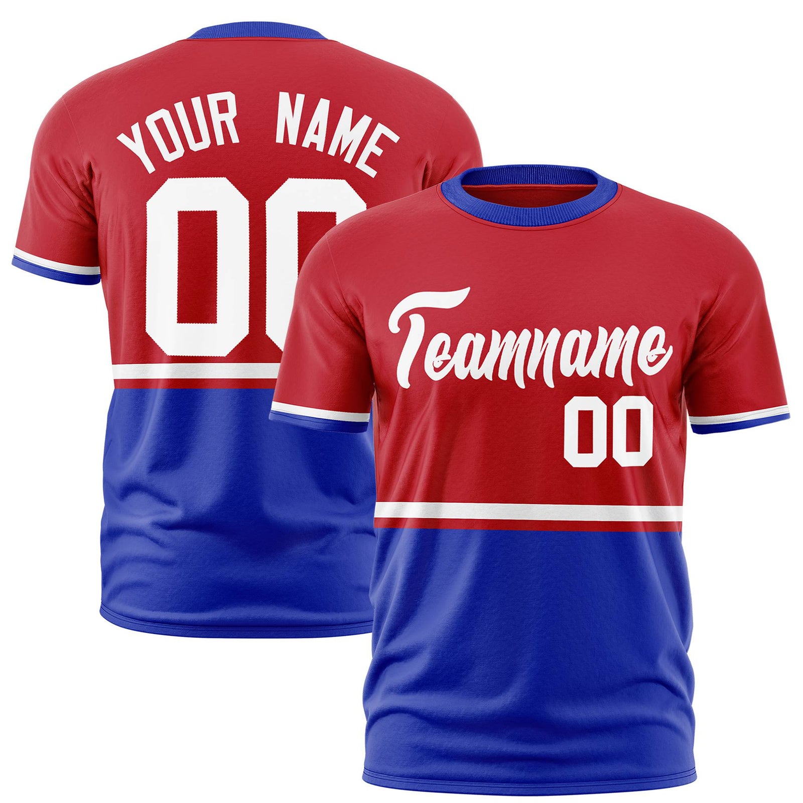 Custom Red White-Royal Blue Crew neck Color Block Design Performance T-Shirt