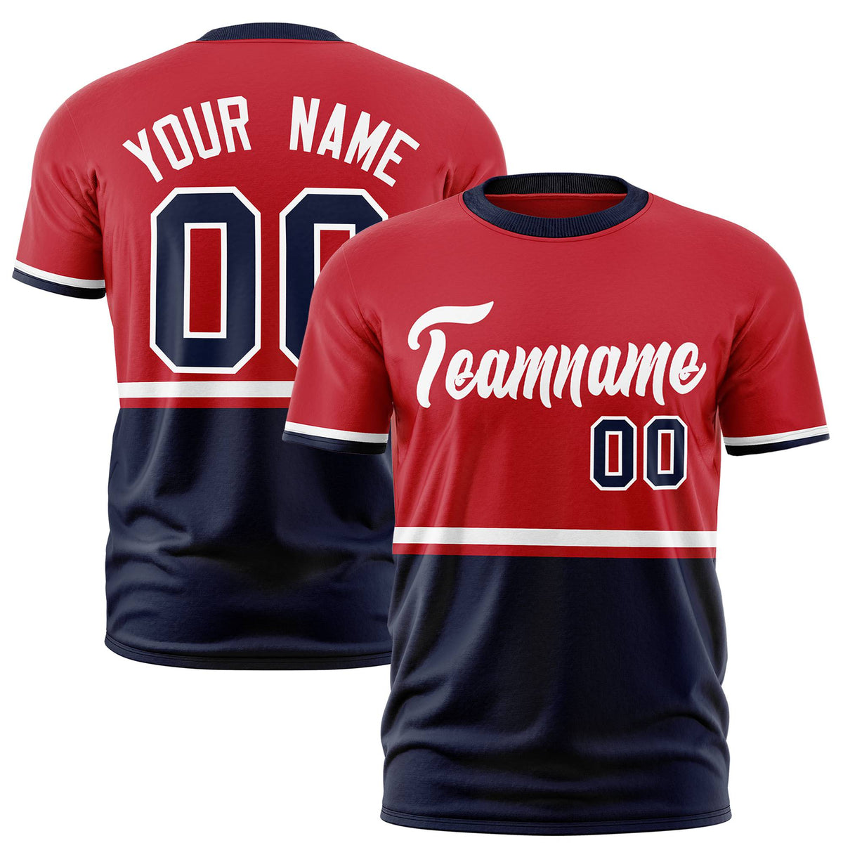 Custom Red White-Navy Crew neck Color Block Design Performance T-Shirt