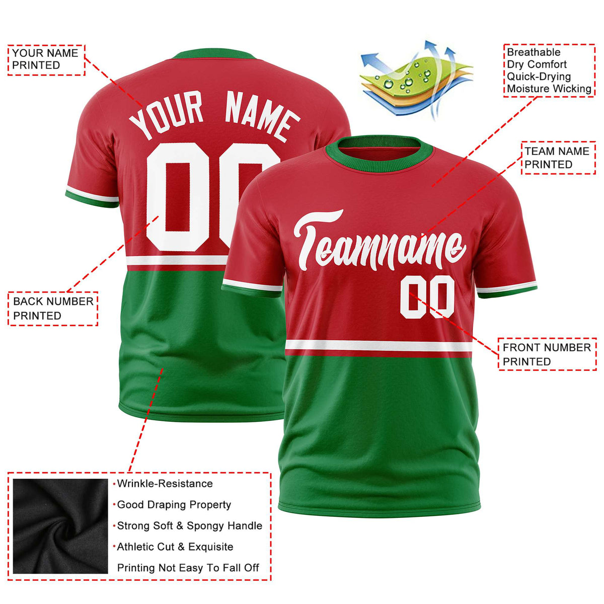 Custom Red White-Kelly Green Crew neck Color Block Design Performance T-Shirt