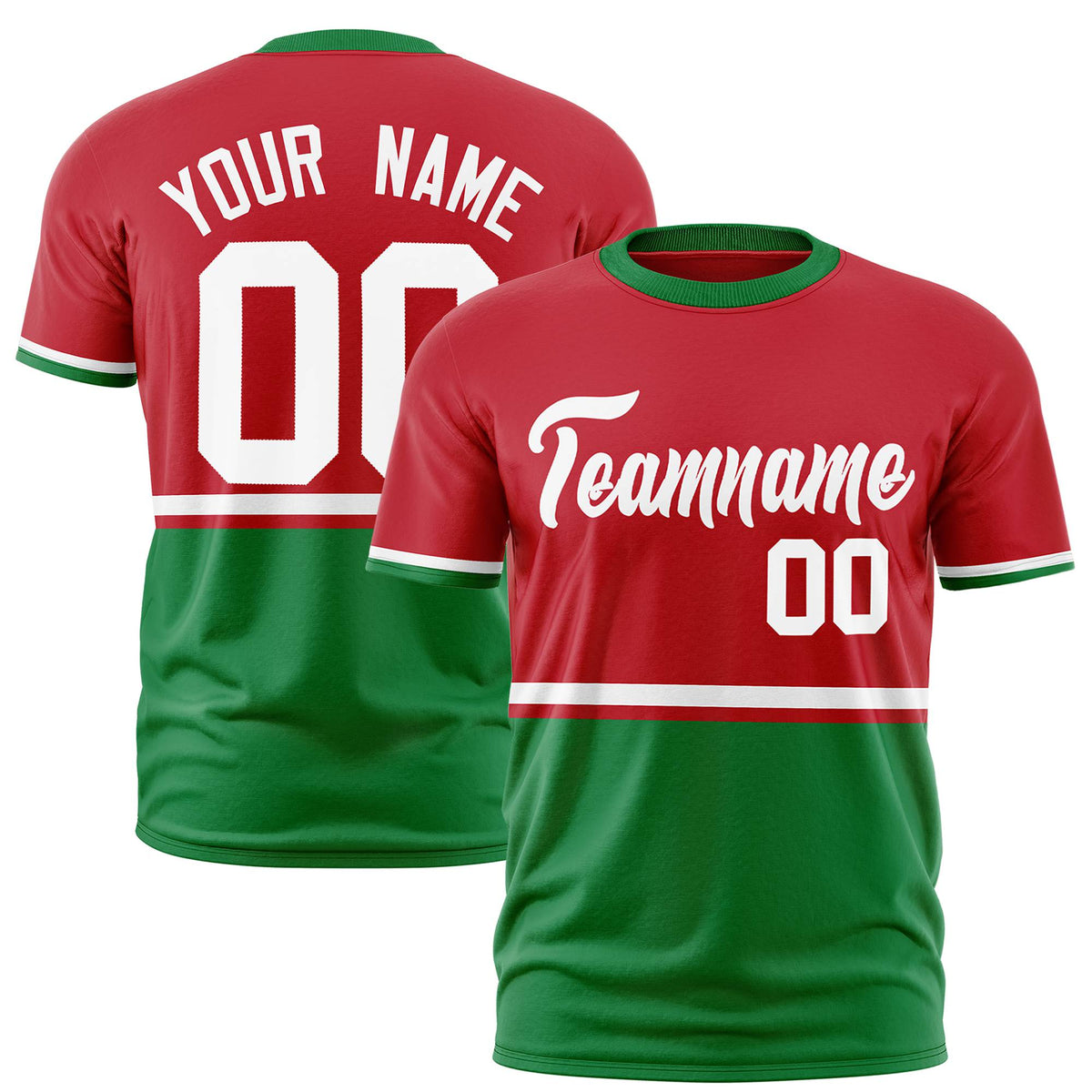 Custom Red White-Kelly Green Crew neck Color Block Design Performance T-Shirt