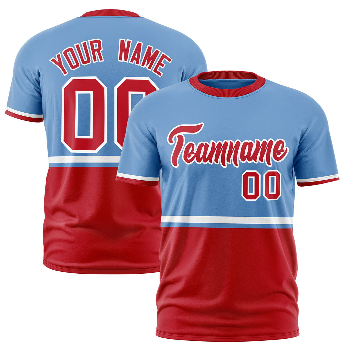 Custom Light Blue White-Red Crew neck Color Block Design Performance T-Shirt