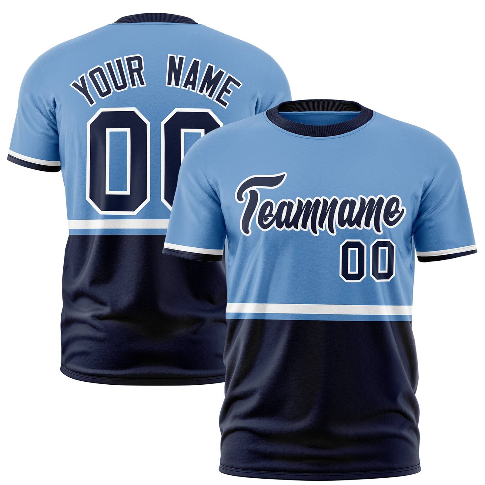 Custom Light Blue White-Navy Crew neck Color Block Design Performance T-Shirt