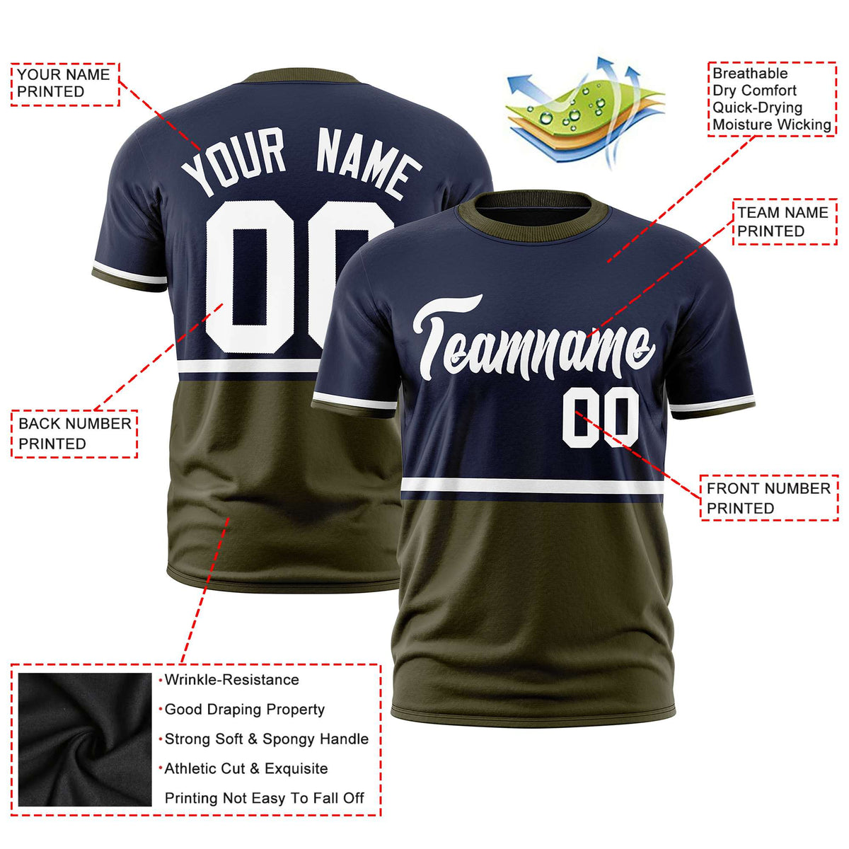 Custom Navy White-Olive Crew neck Color Block Design Performance T-Shirt