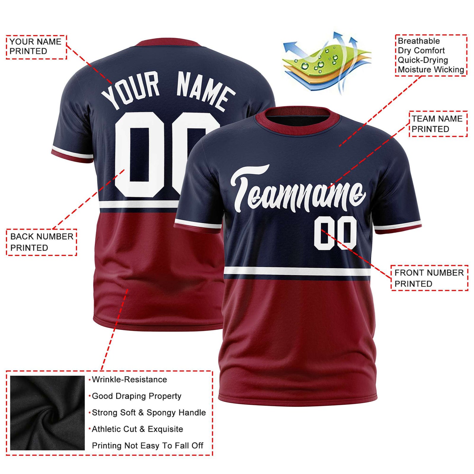 Custom Navy White-Crimson Crew neck Color Block Design Performance T-Shirt