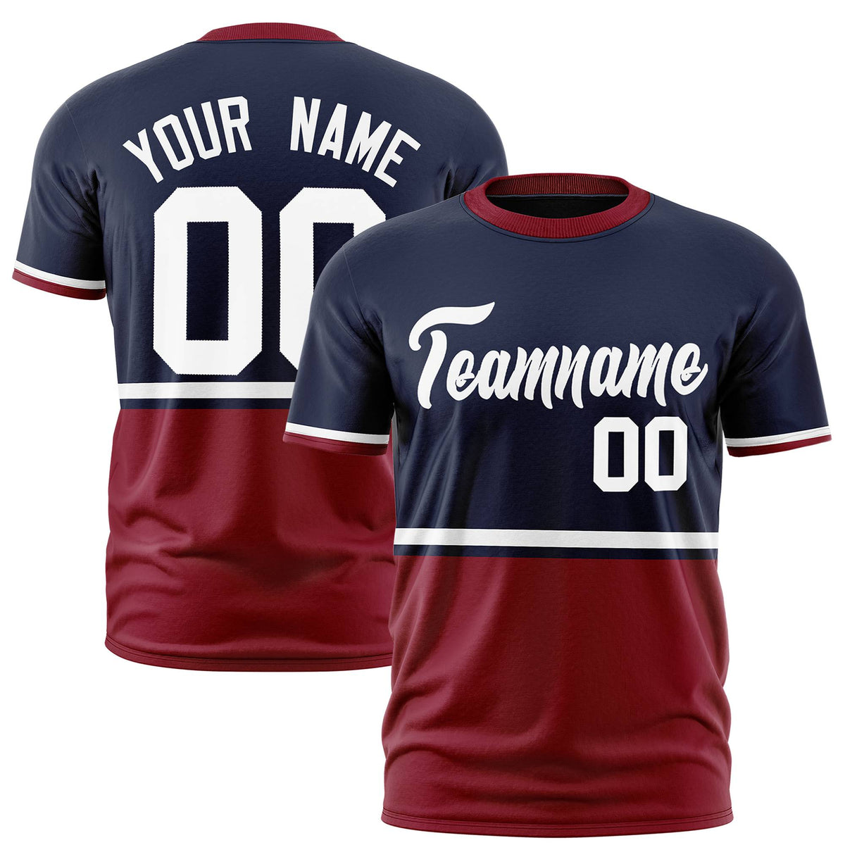 Custom Navy White-Crimson Crew neck Color Block Design Performance T-Shirt
