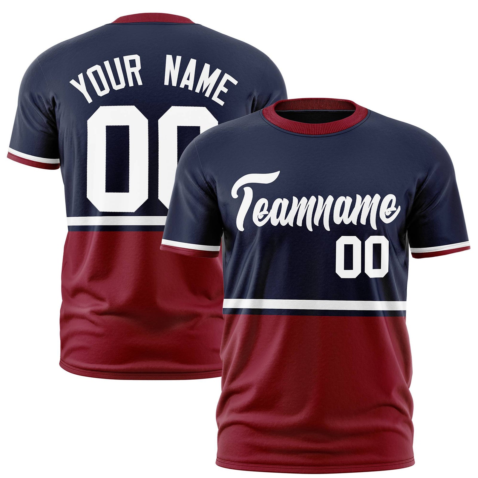 Custom Navy White-Crimson Crew neck Color Block Design Performance T-Shirt