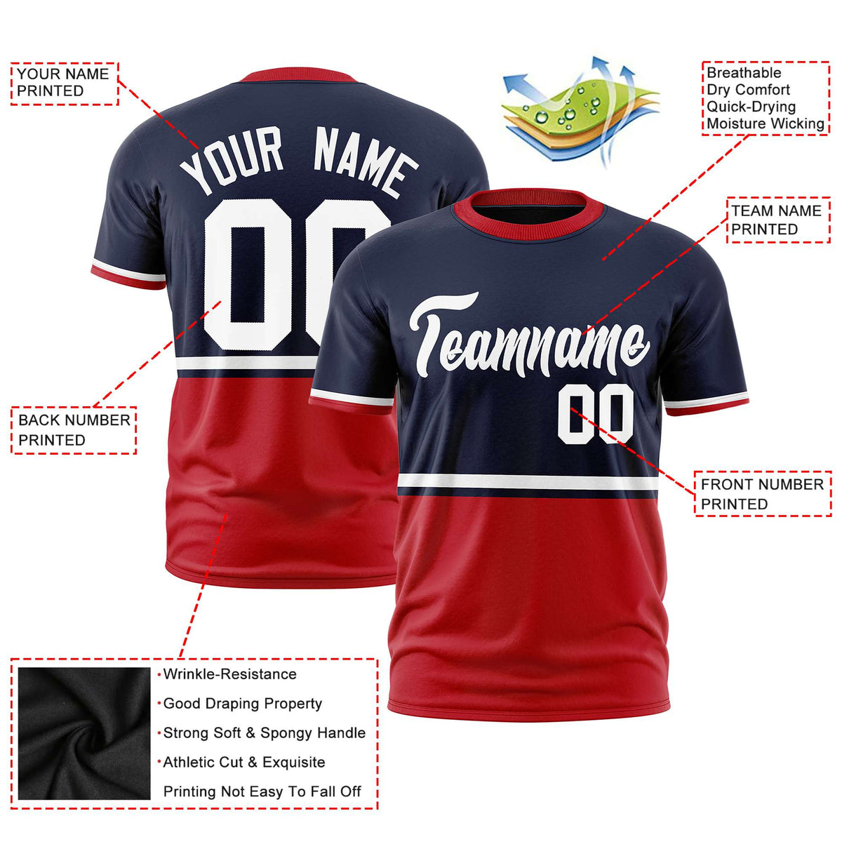 Custom Navy White-Red Crew neck Color Block Design Performance T-Shirt