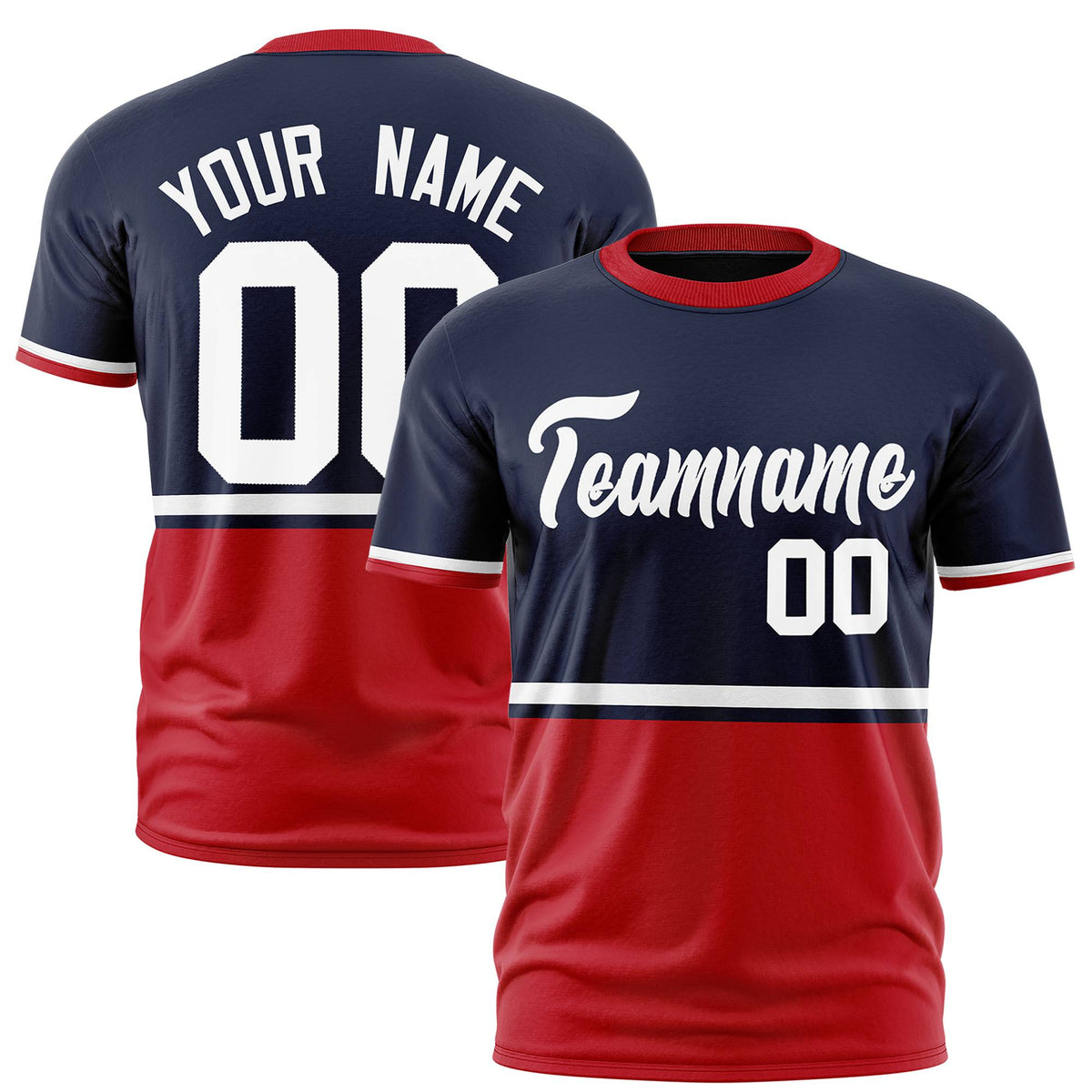 Custom Navy White-Red Crew neck Color Block Design Performance T-Shirt