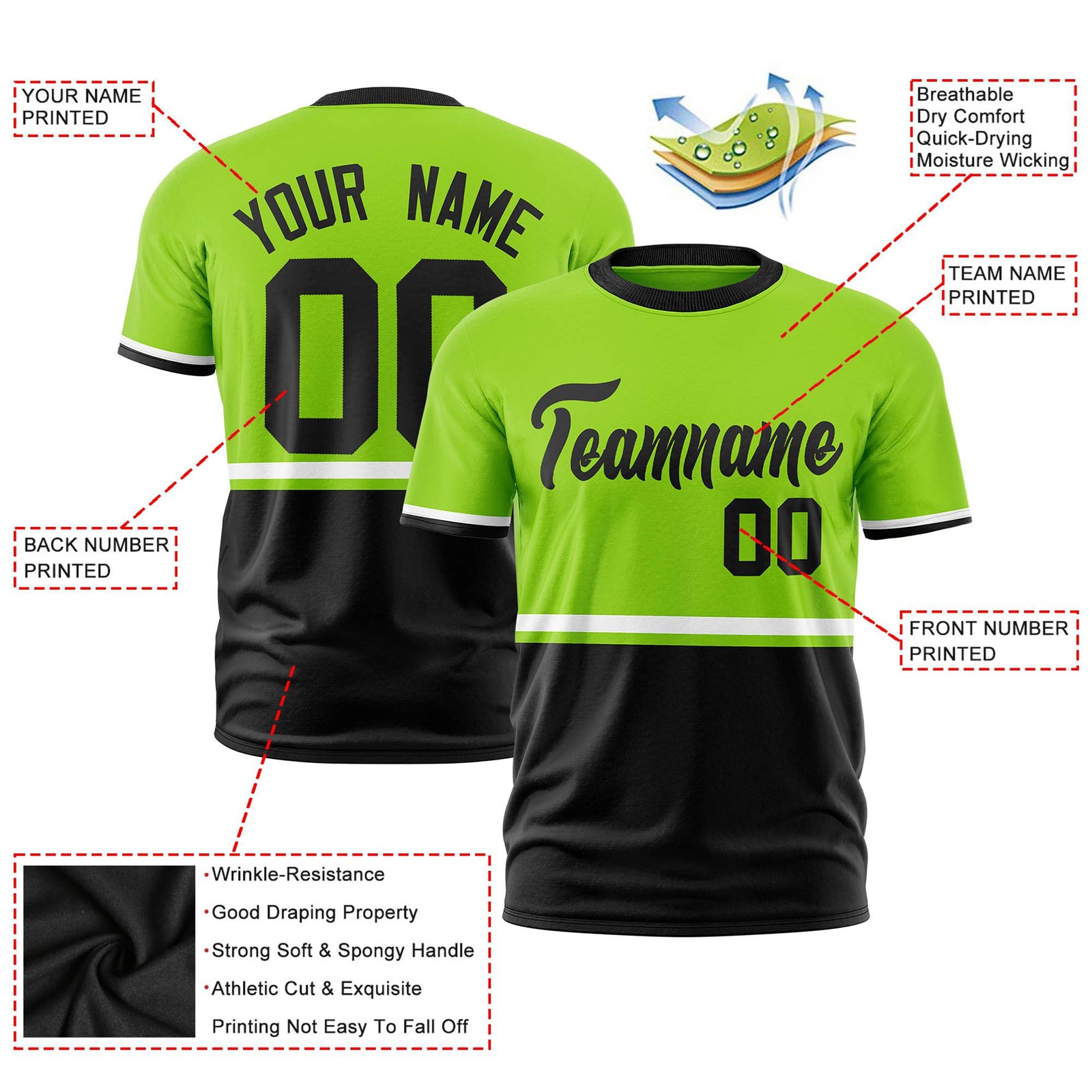 Custom Neon Green White-Black Crew neck Color Block Design Performance T-Shirt