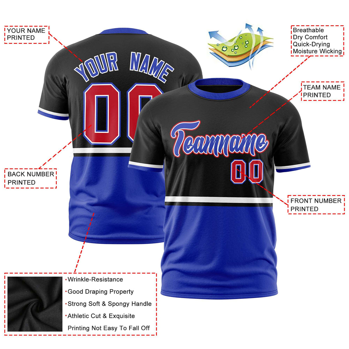 Custom Black White-Royal Blue Crew neck Color Block Design Performance T-Shirt