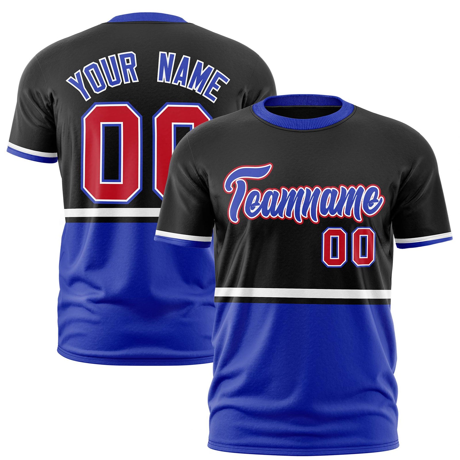 Custom Black White-Royal Blue Crew neck Color Block Design Performance T-Shirt
