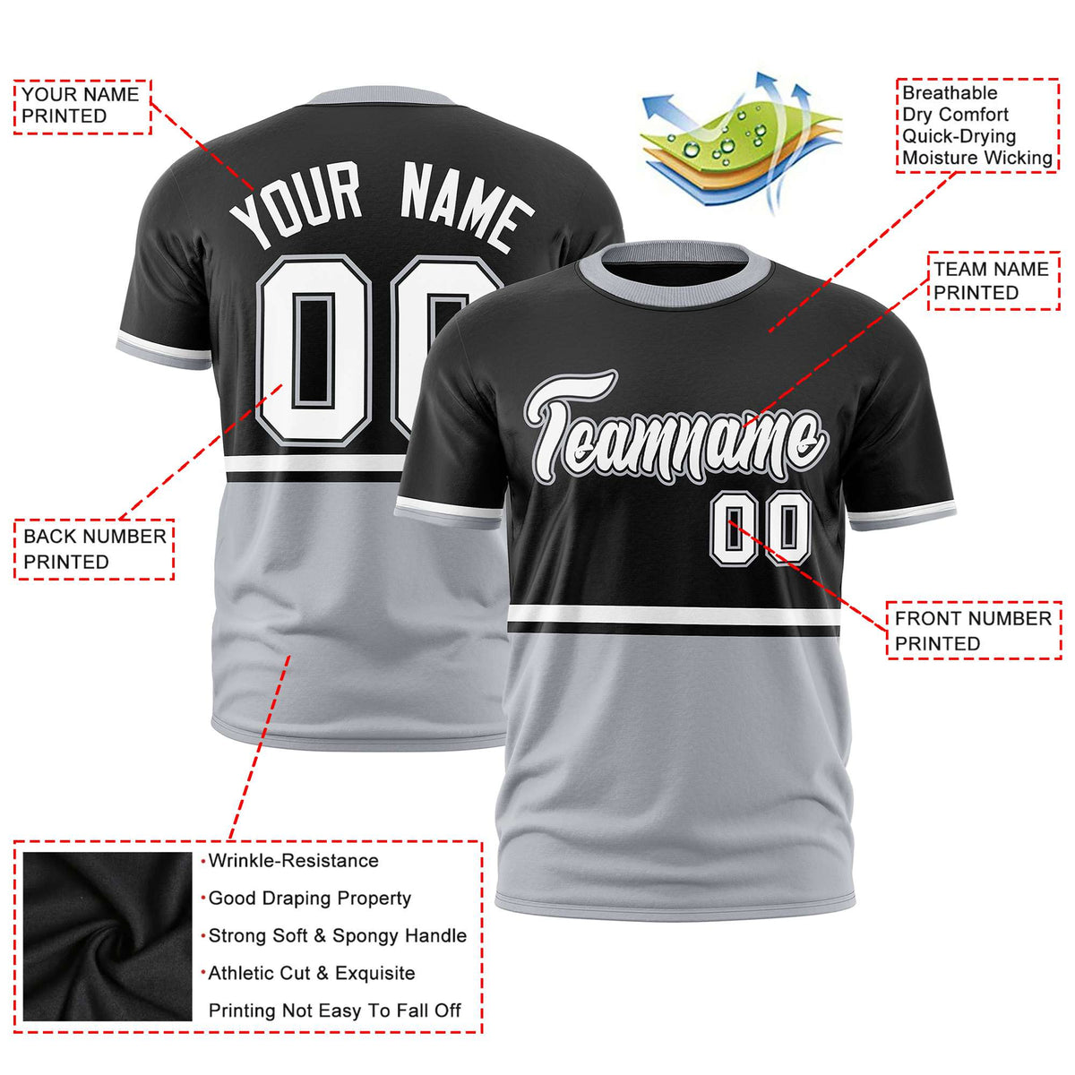 Custom Black White-Gray Crew neck Color Block Design Performance T-Shirt