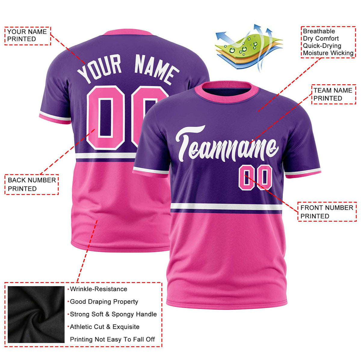 Custom Purple White-Pink Crew neck Color Block Design Performance T-Shirt