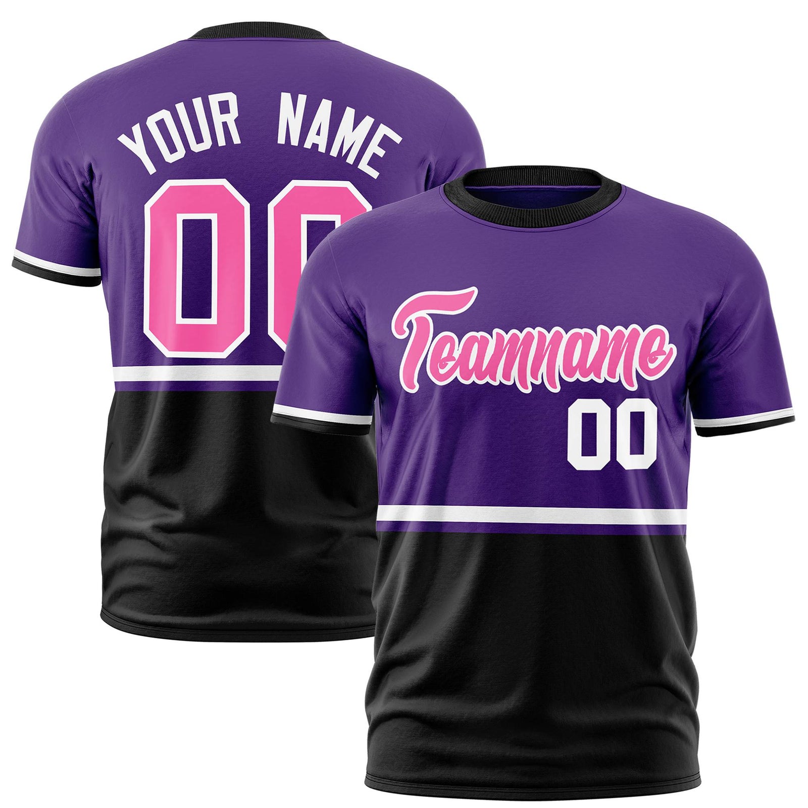 Custom Purple White-Black Crew neck Color Block Design Performance T-Shirt