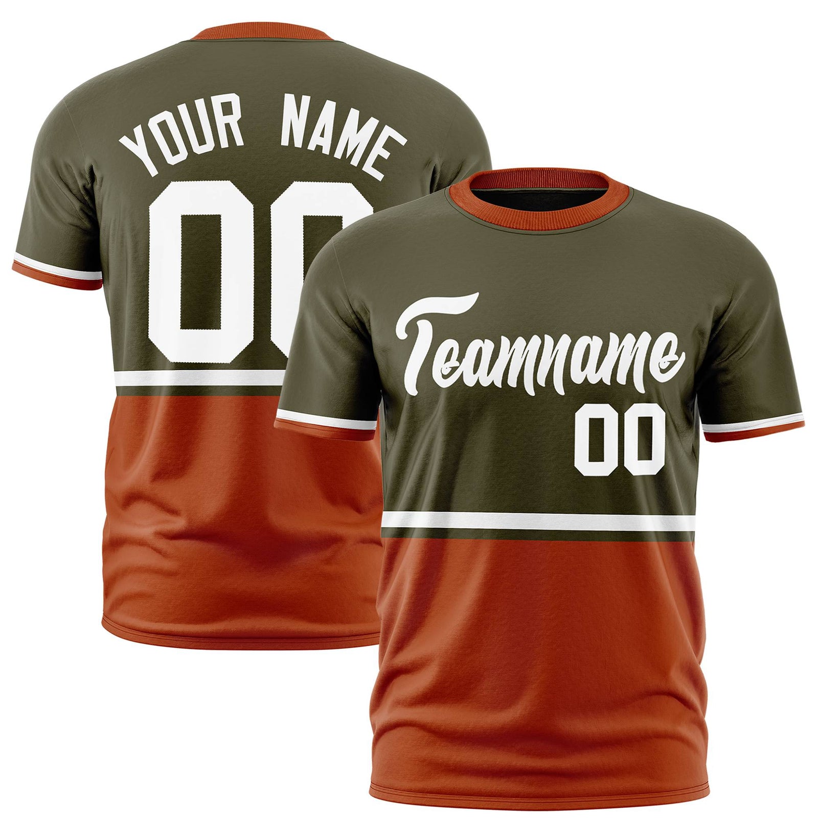 Custom Olive White-Orange Crew neck Color Block Design Performance T-Shirt