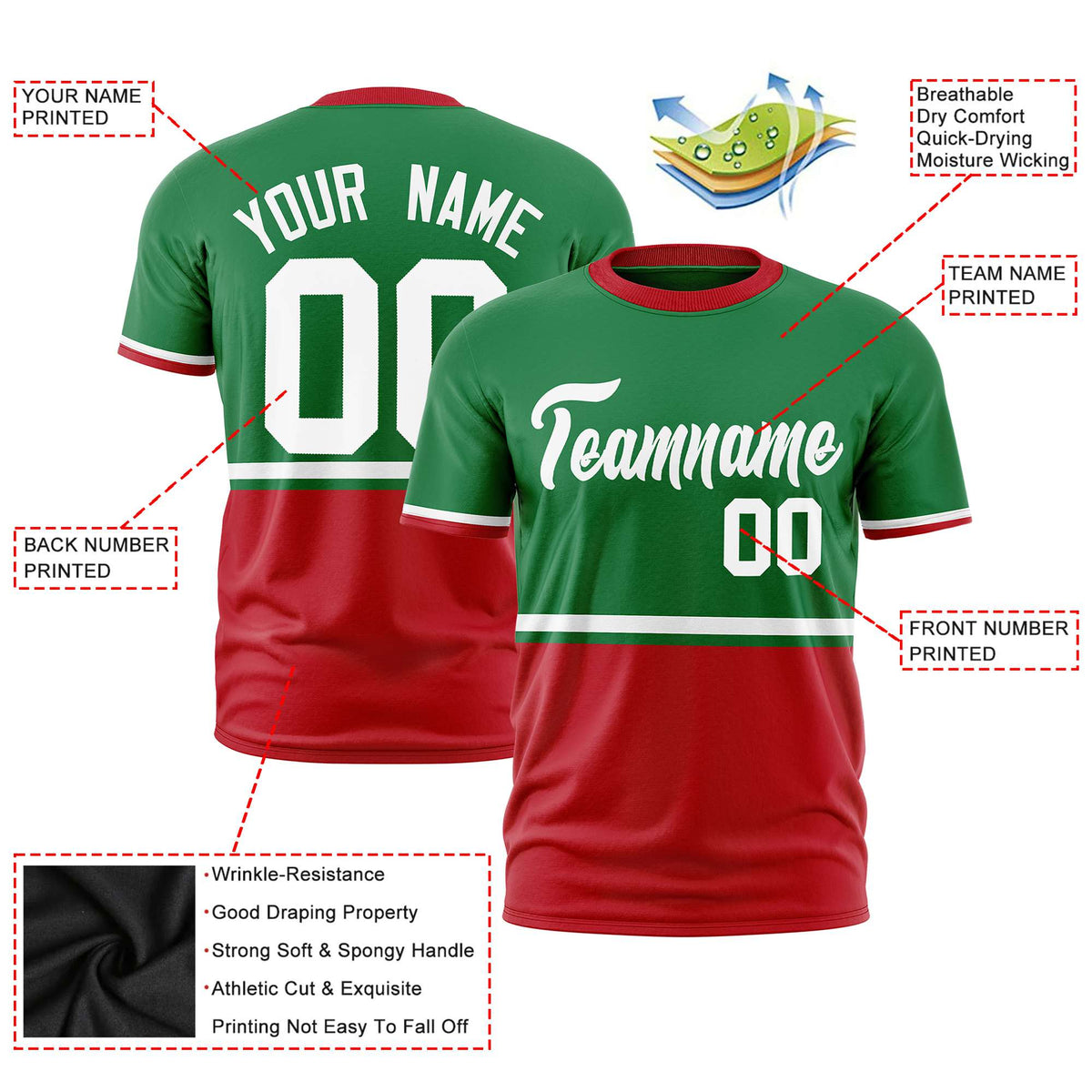 Custom Kelly Green White-Red Crew neck Color Block Design Performance T-Shirt