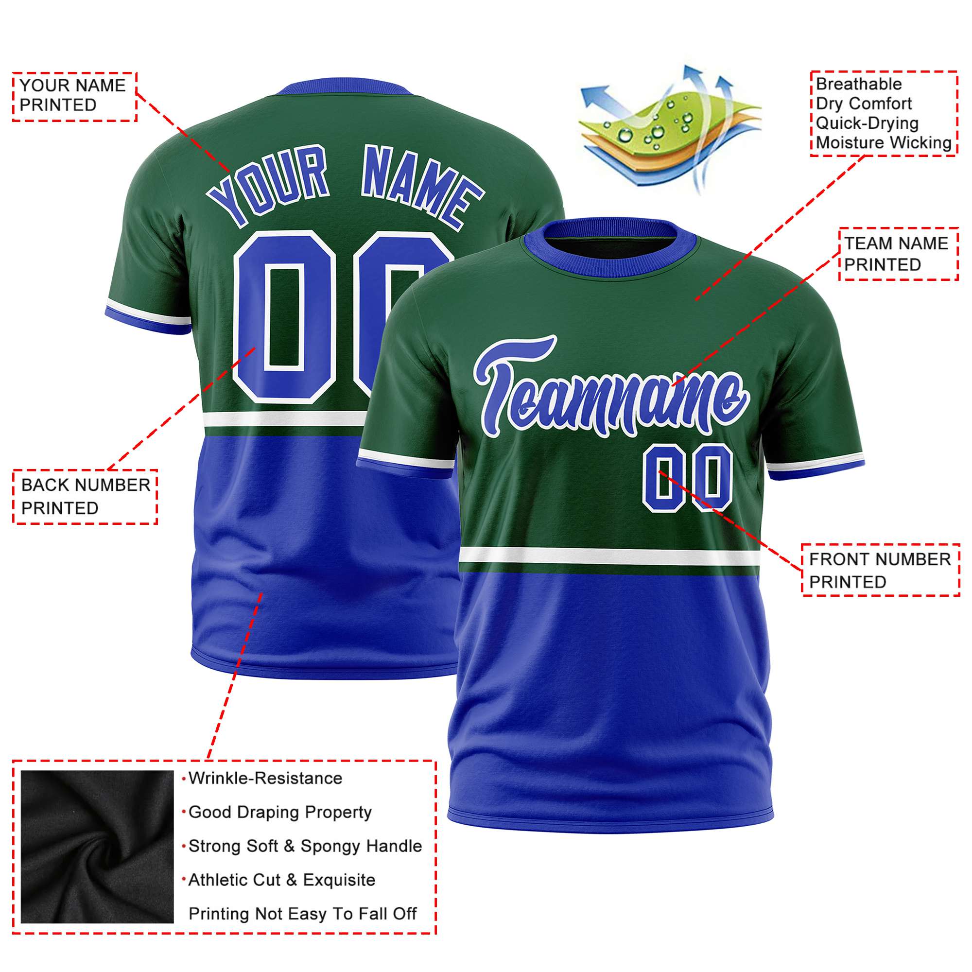 Custom Green White-Royal Blue Crew neck Color Block Design Performance T-Shirt