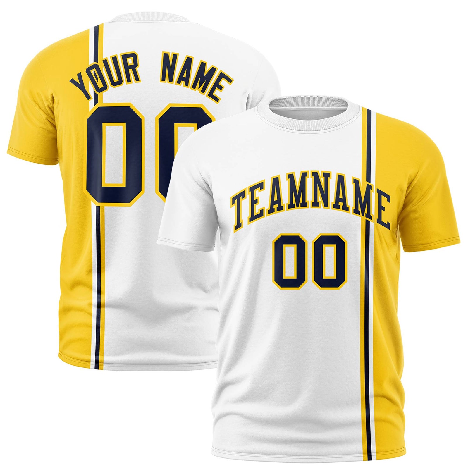 Custom White Navy Gold-01 Crew neck Color Contrast Design T-Shirts