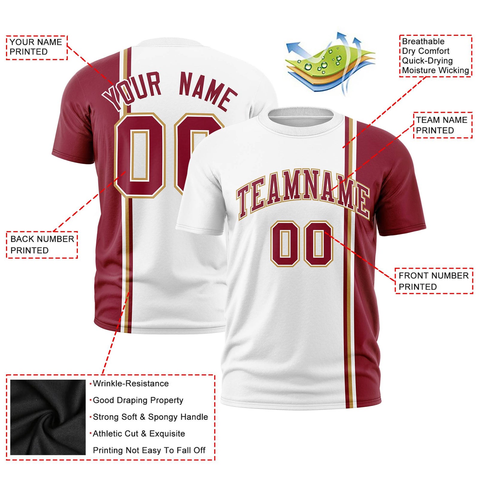 Custom White Crimson-Gold Crew neck Color Contrast Design T-Shirts