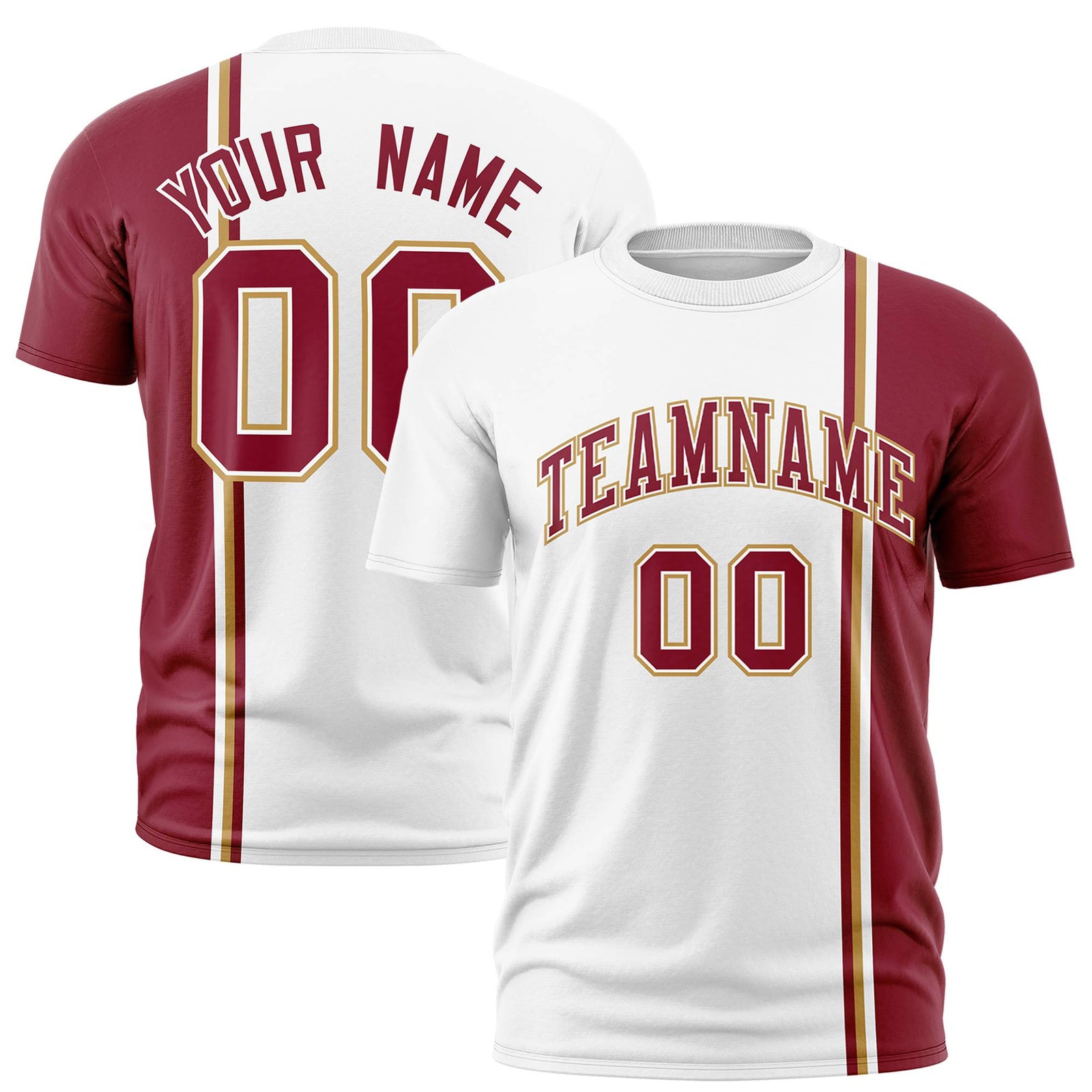 Custom White Crimson-Gold Crew neck Color Contrast Design T-Shirts
