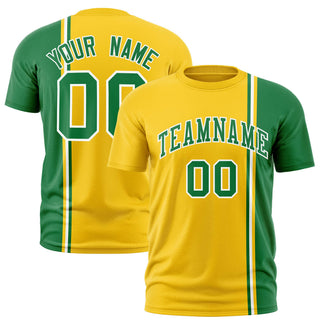 Camisetas personalizadas de cuello redondo en verde Kelly y blanco con diseño en contraste de color dorado-01 - Estilo 1