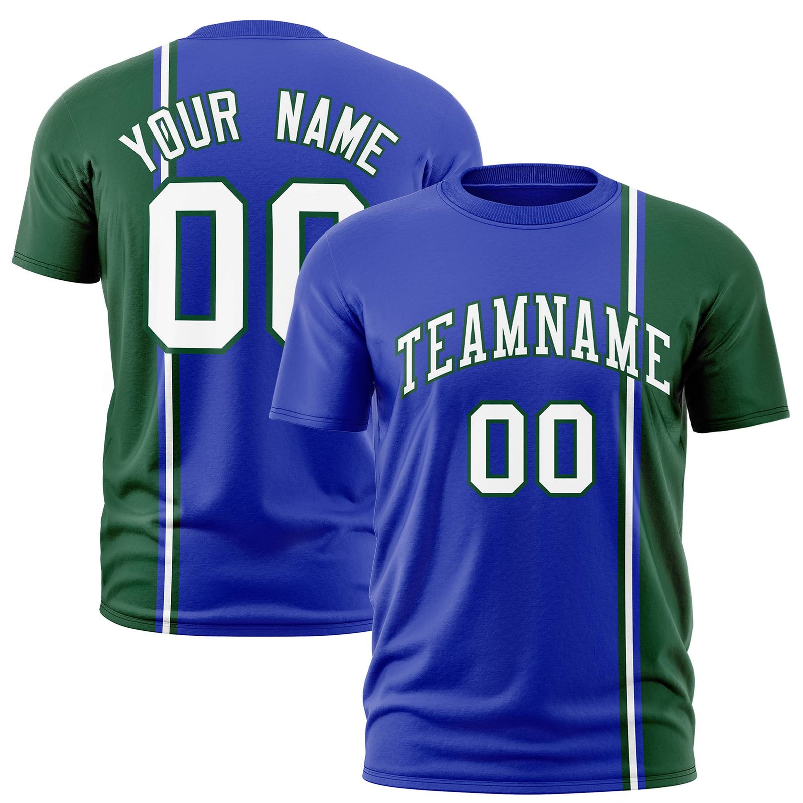Custom Royal Blue Green-White Crew neck Color Contrast Design T-Shirts