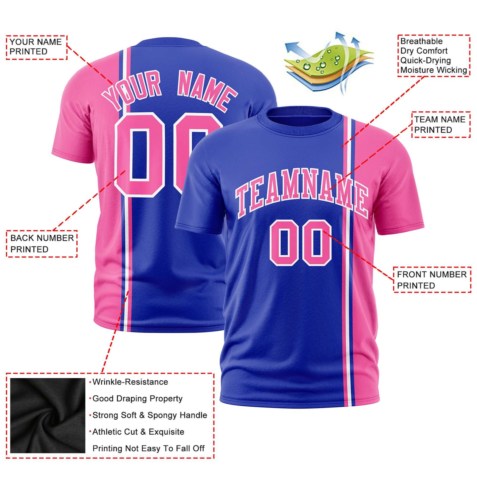 Custom Royal Blue Pink-White Crew neck Color Contrast Design T-Shirts