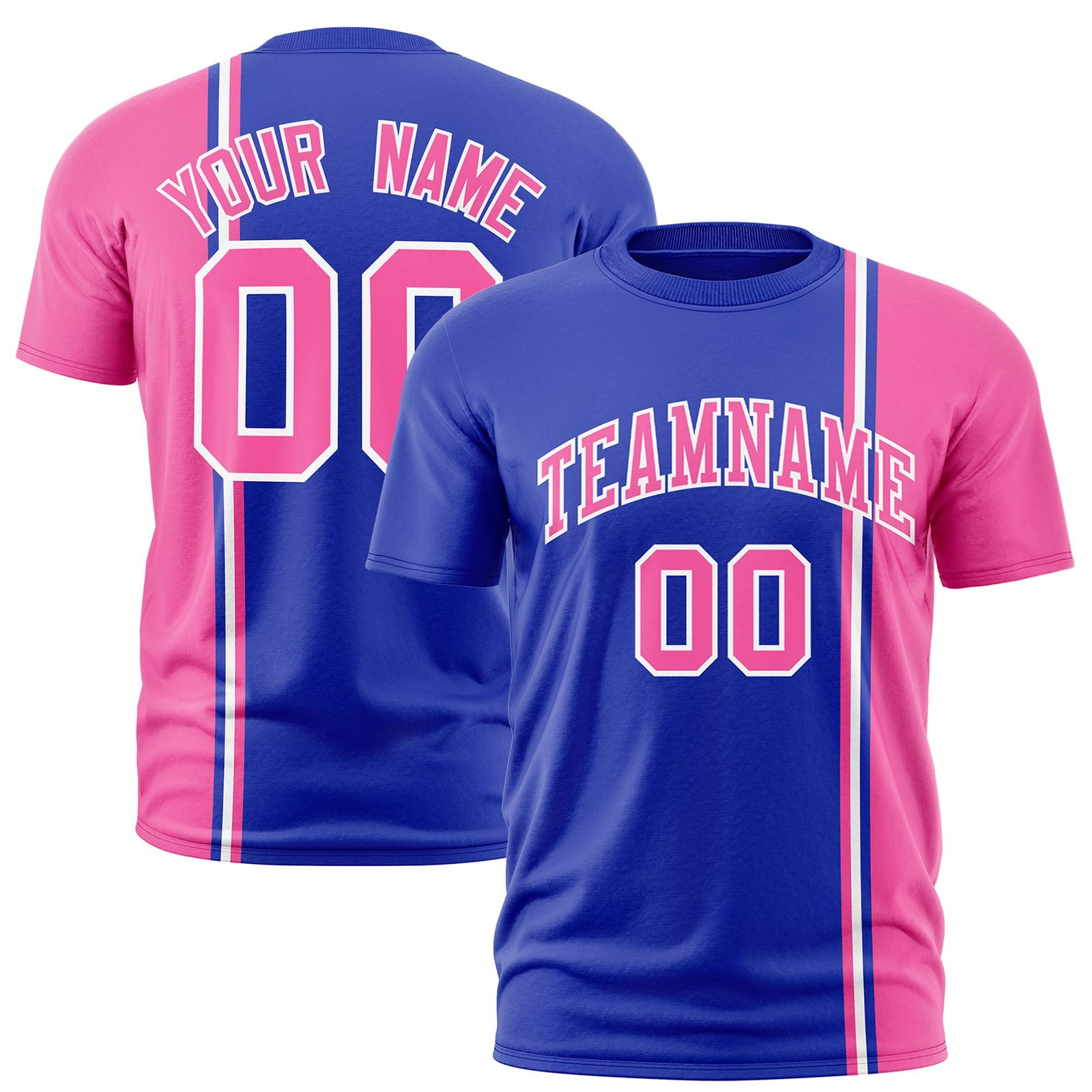 Custom Royal Blue Pink-White Crew neck Color Contrast Design T-Shirts