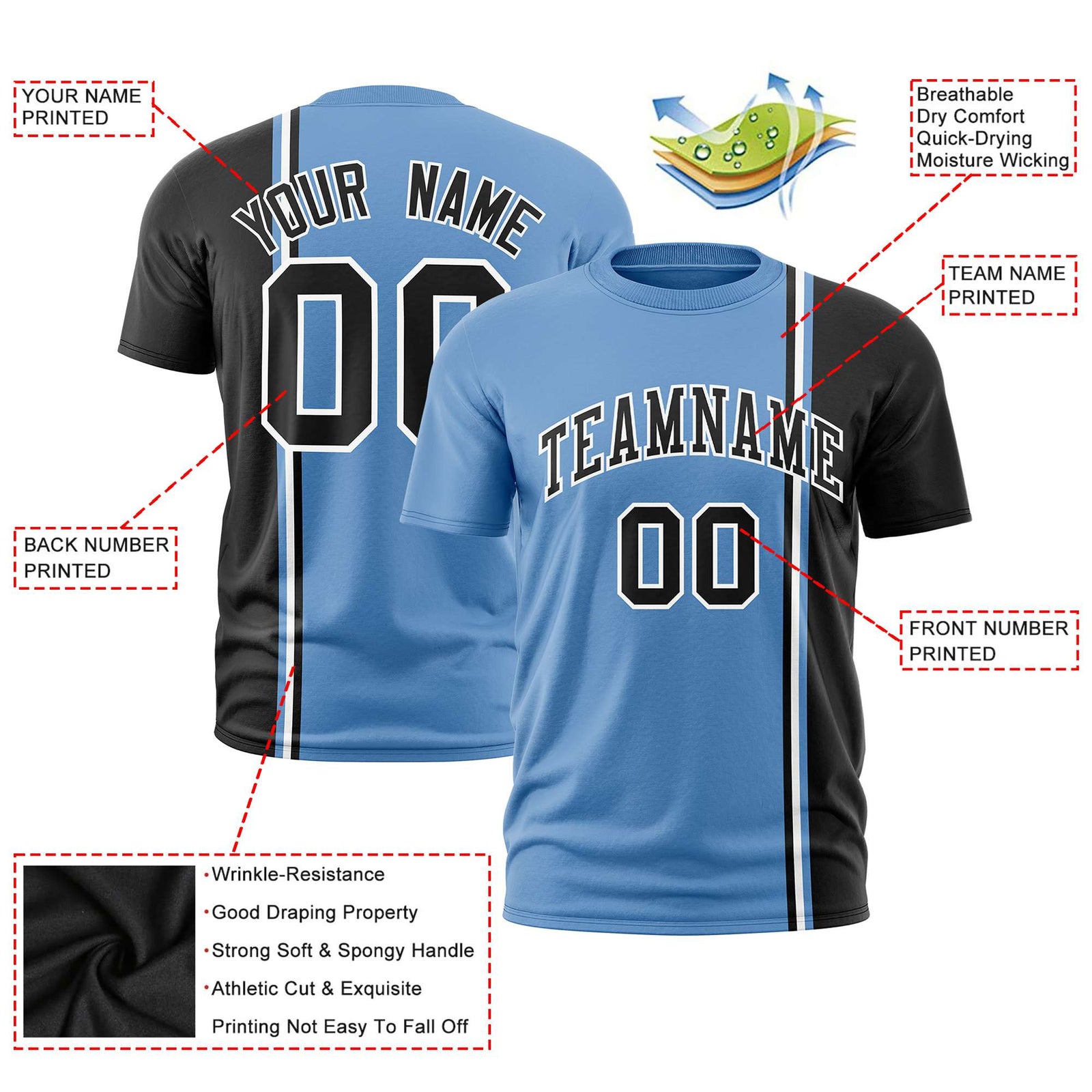 Custom Powder Blue Black-White Crew neck Color Contrast Design T-Shirts