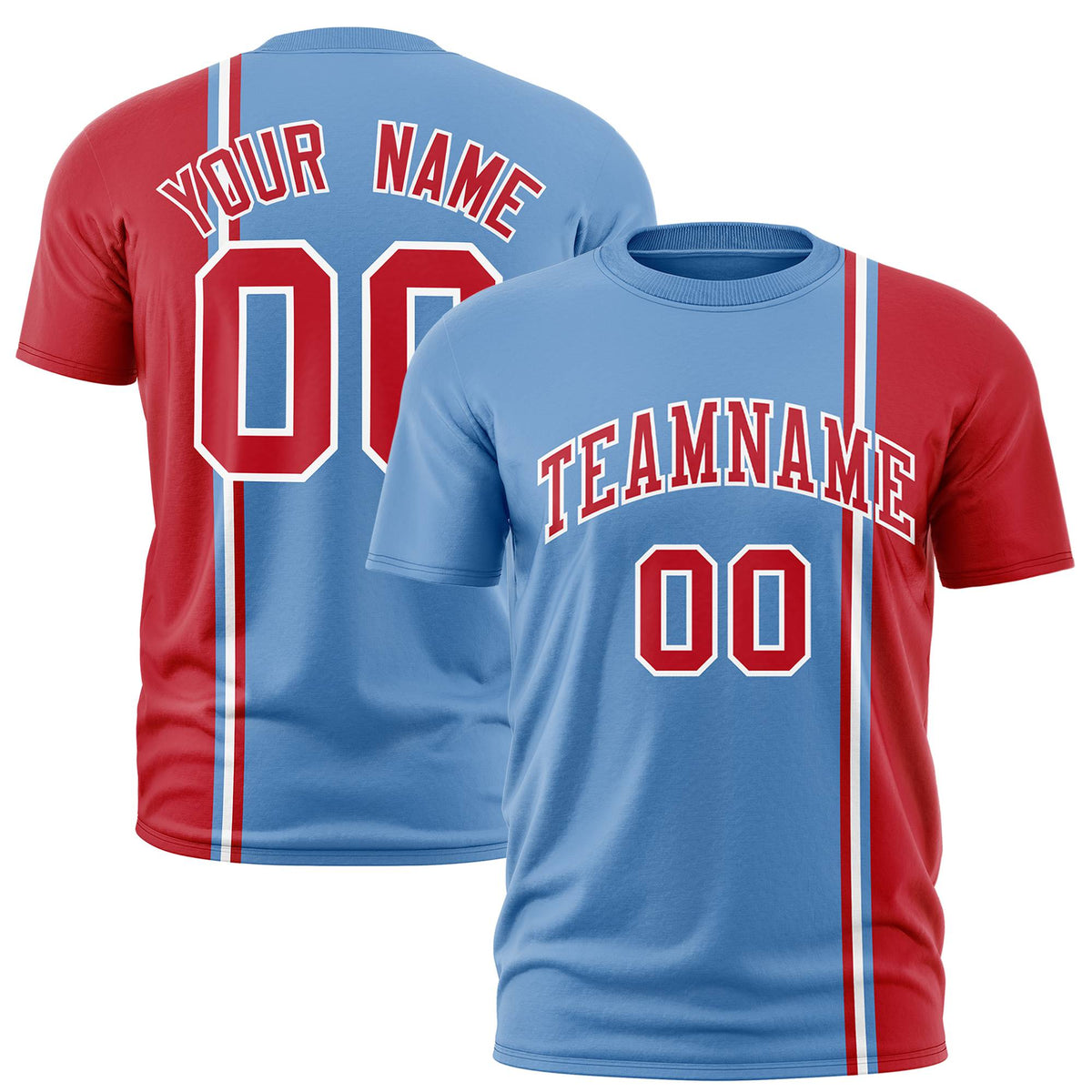 Custom Powder Blue Red-White Crew neck Color Contrast Design T-Shirts
