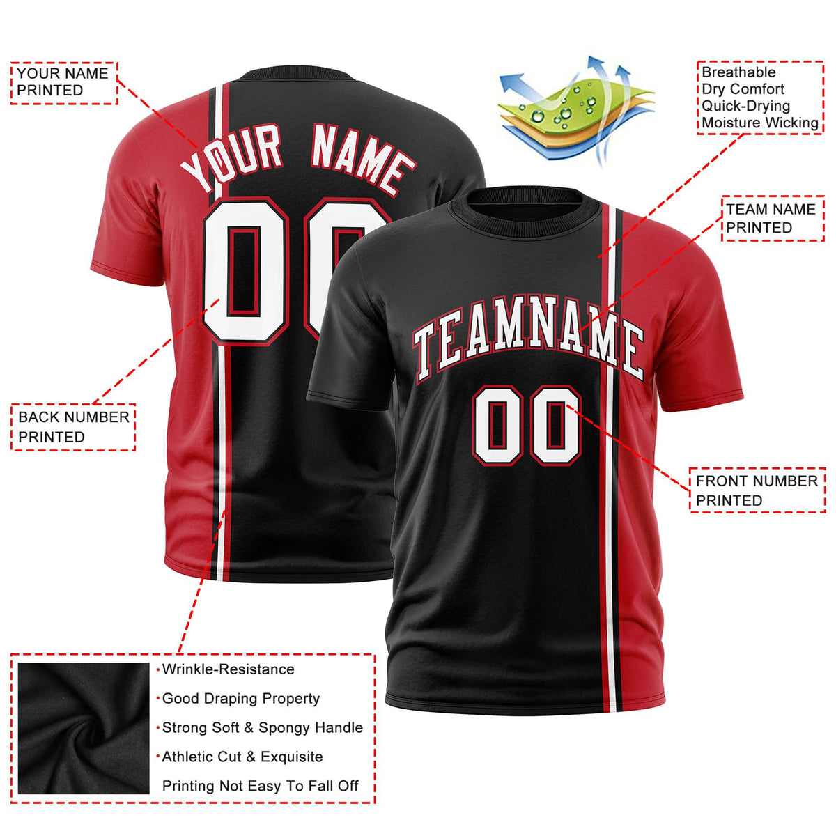 Custom Black Red-White Crew neck Color Contrast Design T-Shirts