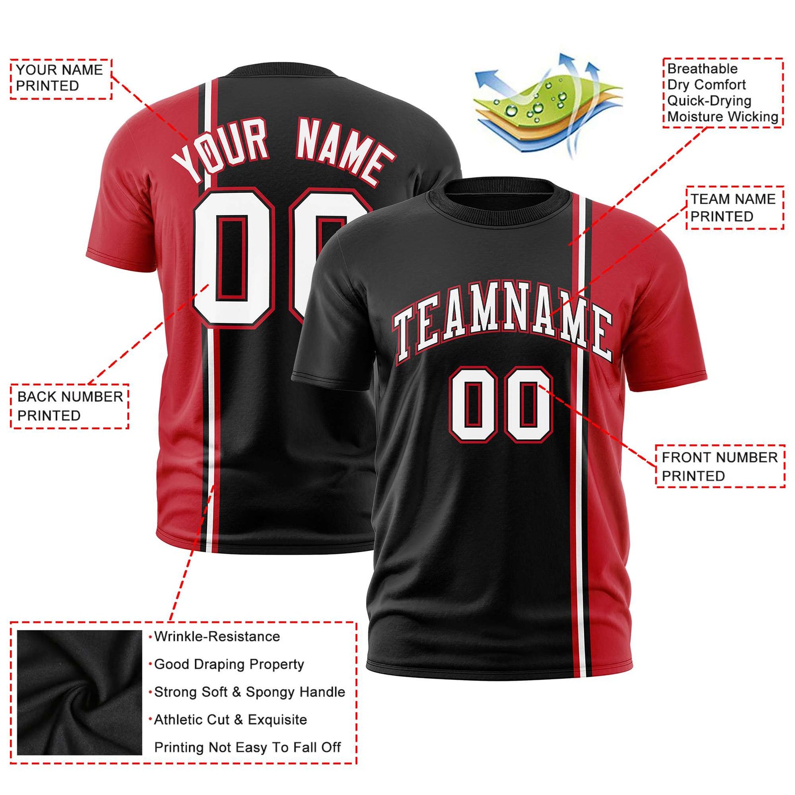 Custom Black Red-White Crew neck Color Contrast Design T-Shirts