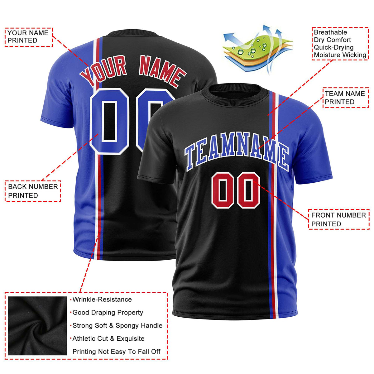 Custom Black Royal Blue-White Crew neck Color Contrast Design T-Shirts