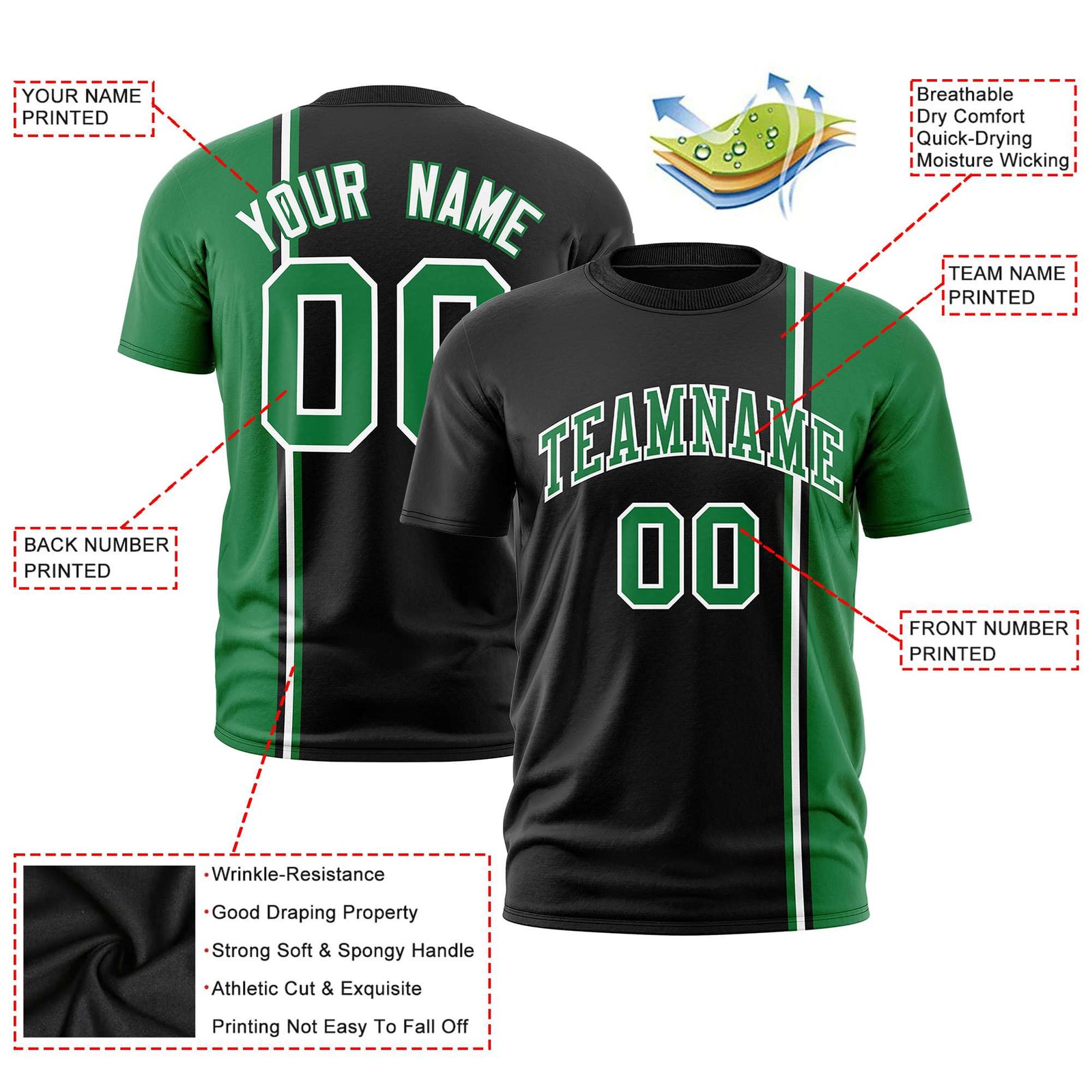 Custom Black Kelly Green-White Crew neck Color Contrast Design T-Shirts