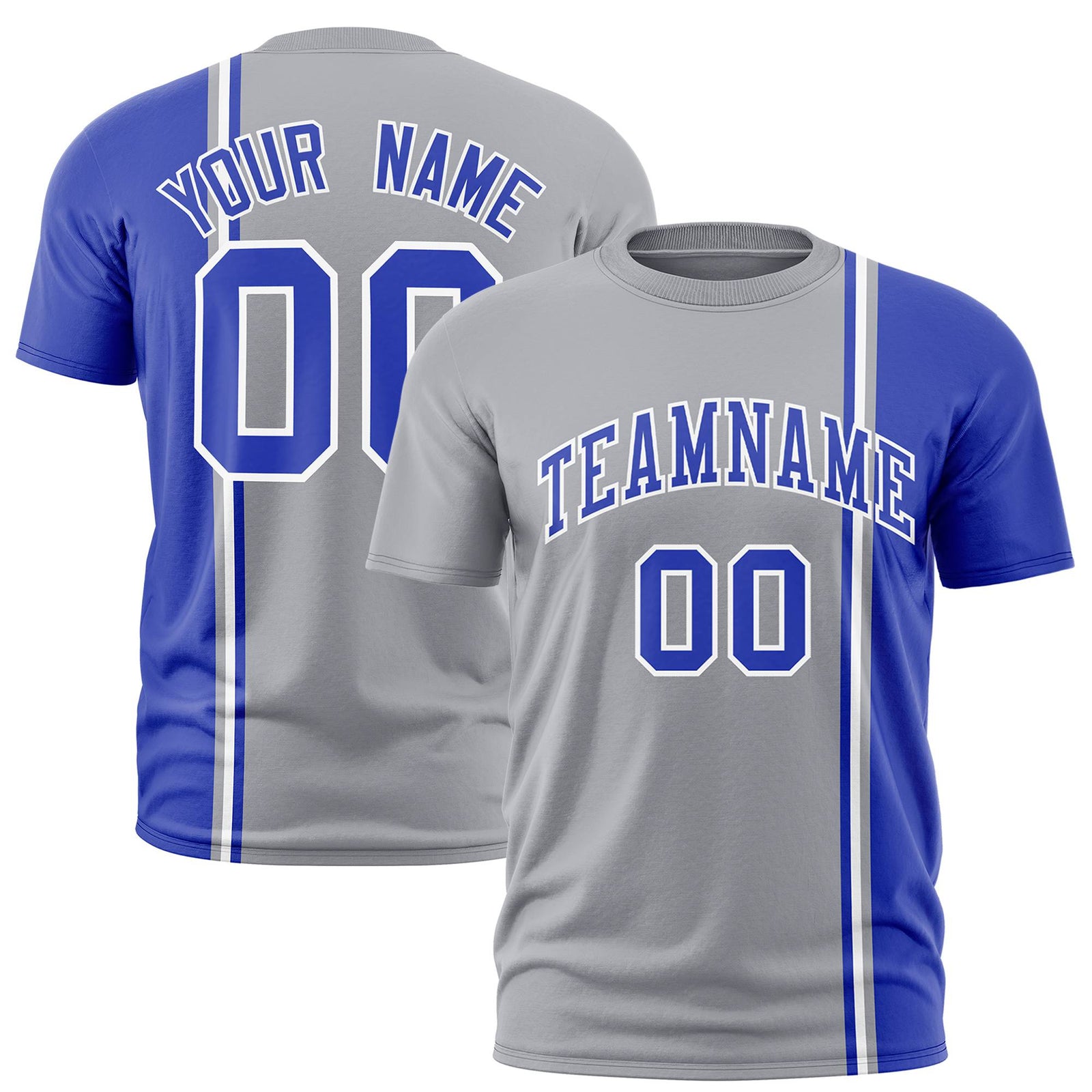 Custom Gray Royal Blue-White Crew neck Color Contrast Design T-Shirts
