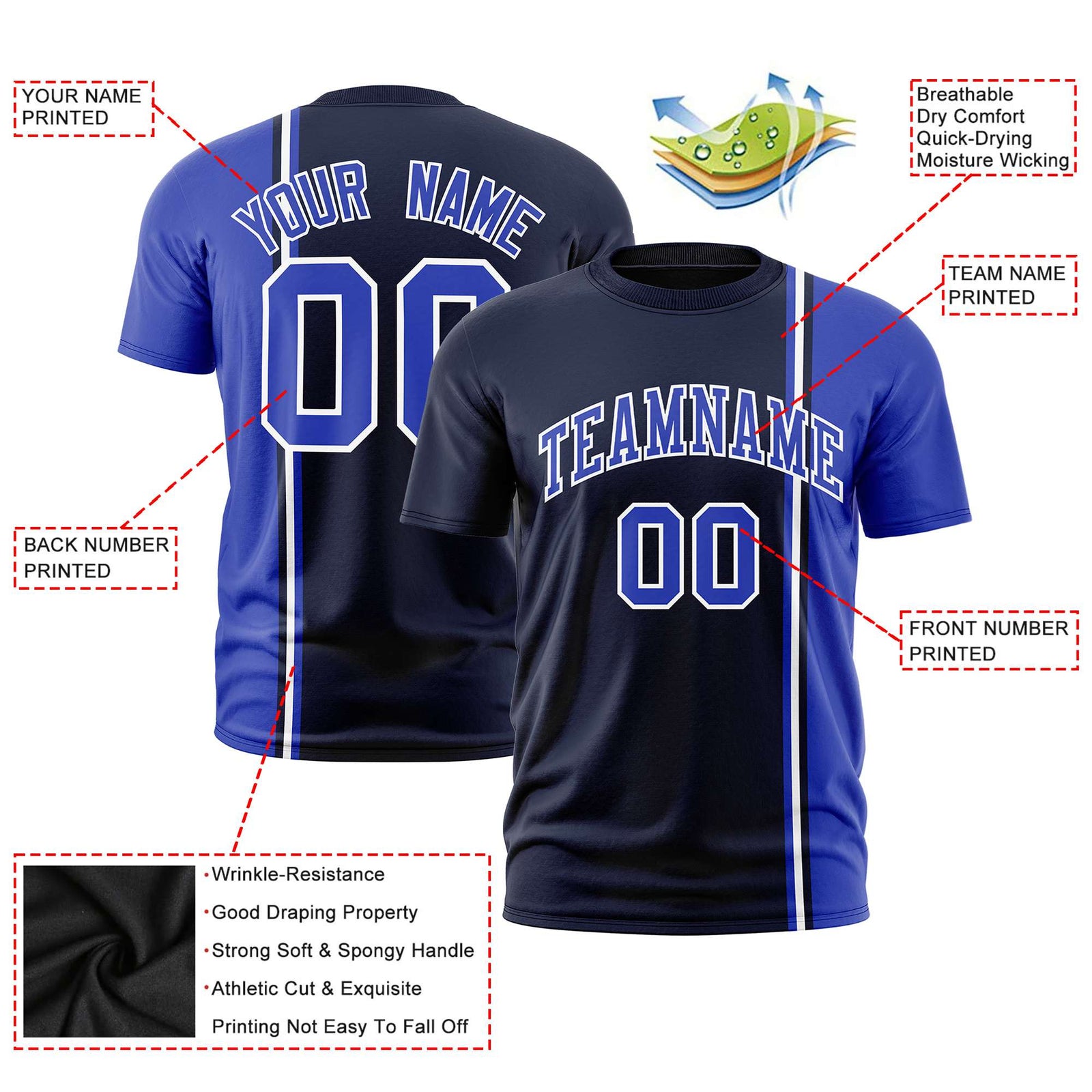 Custom Navy Royal Blue-White Crew neck Color Contrast Design T-Shirts