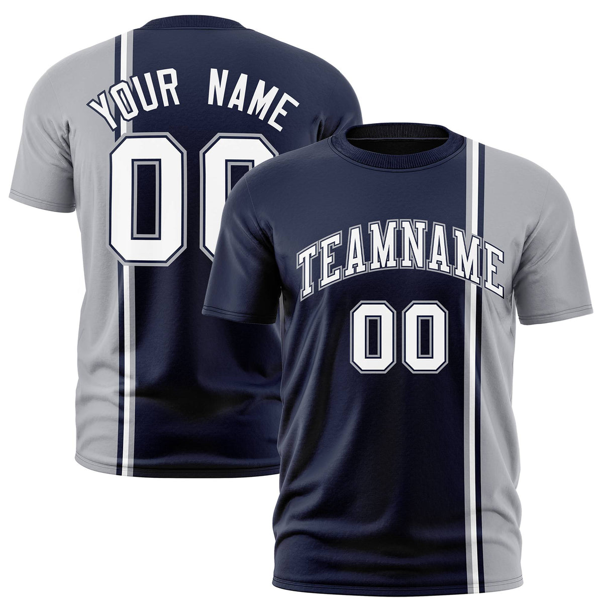 Custom Navy Gray-White Crew neck Color Contrast Design T-Shirts