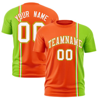 Camisetas personalizadas de cuello redondo con diseño en contraste de color naranja, verde neón y blanco. - Estilo 1