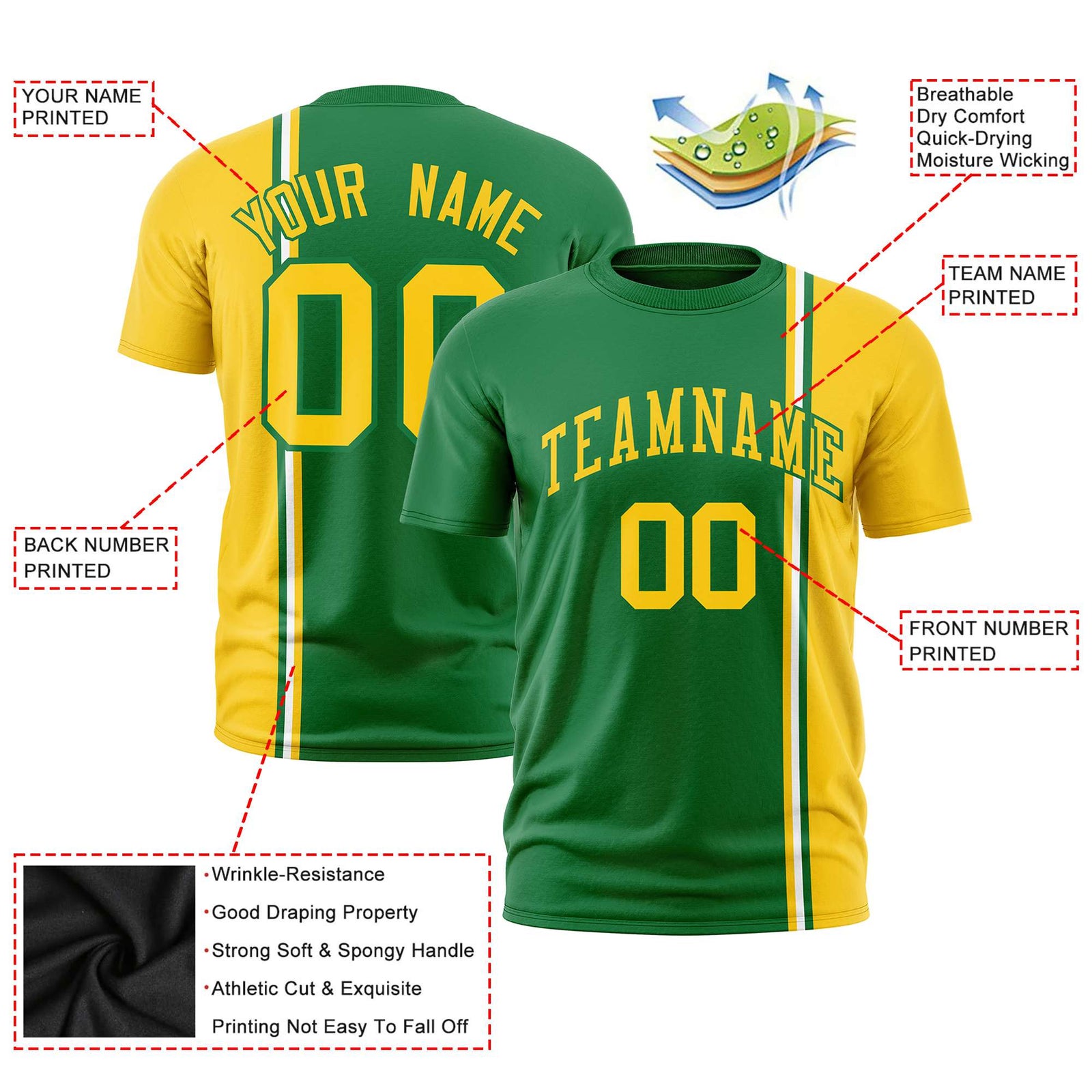 Custom Kelly Green Gold-01 White Crew neck Color Contrast Design T-Shirts