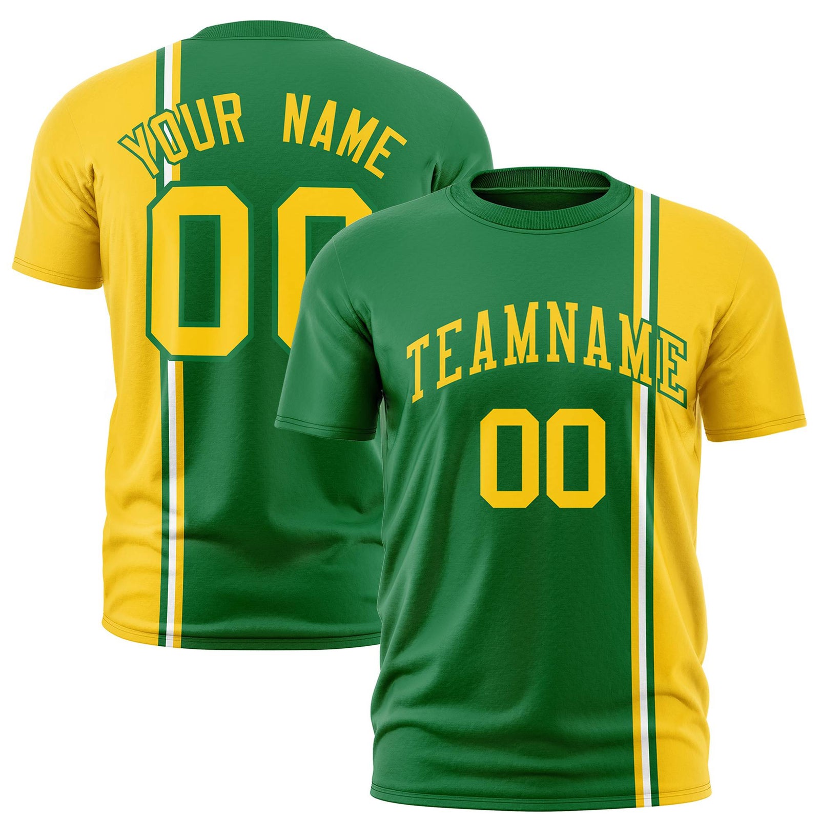 Custom Kelly Green Gold-01 White Crew neck Color Contrast Design T-Shirts