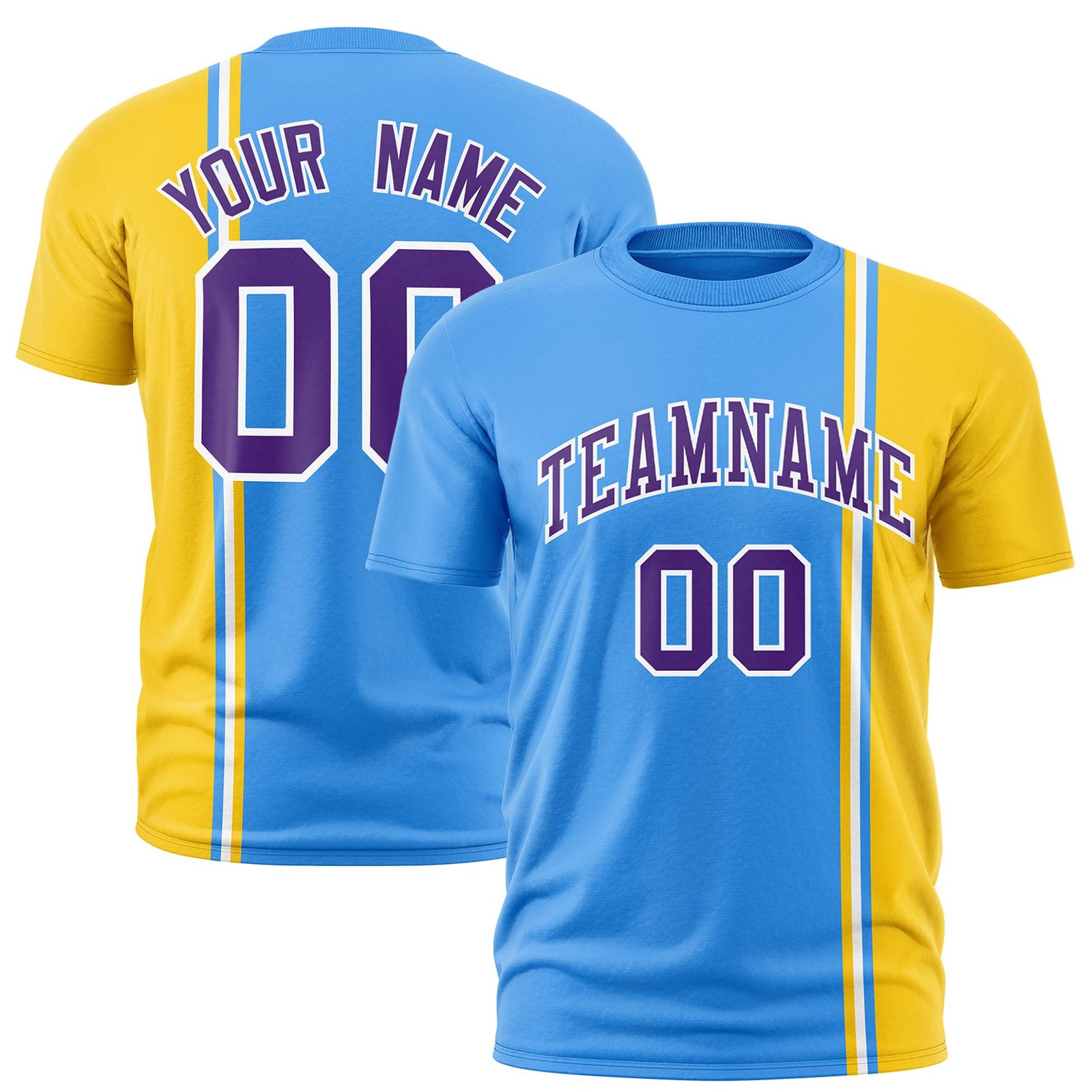 Custom Powder Blue Gold-01 White Crew neck Color Contrast Design T-Shirts