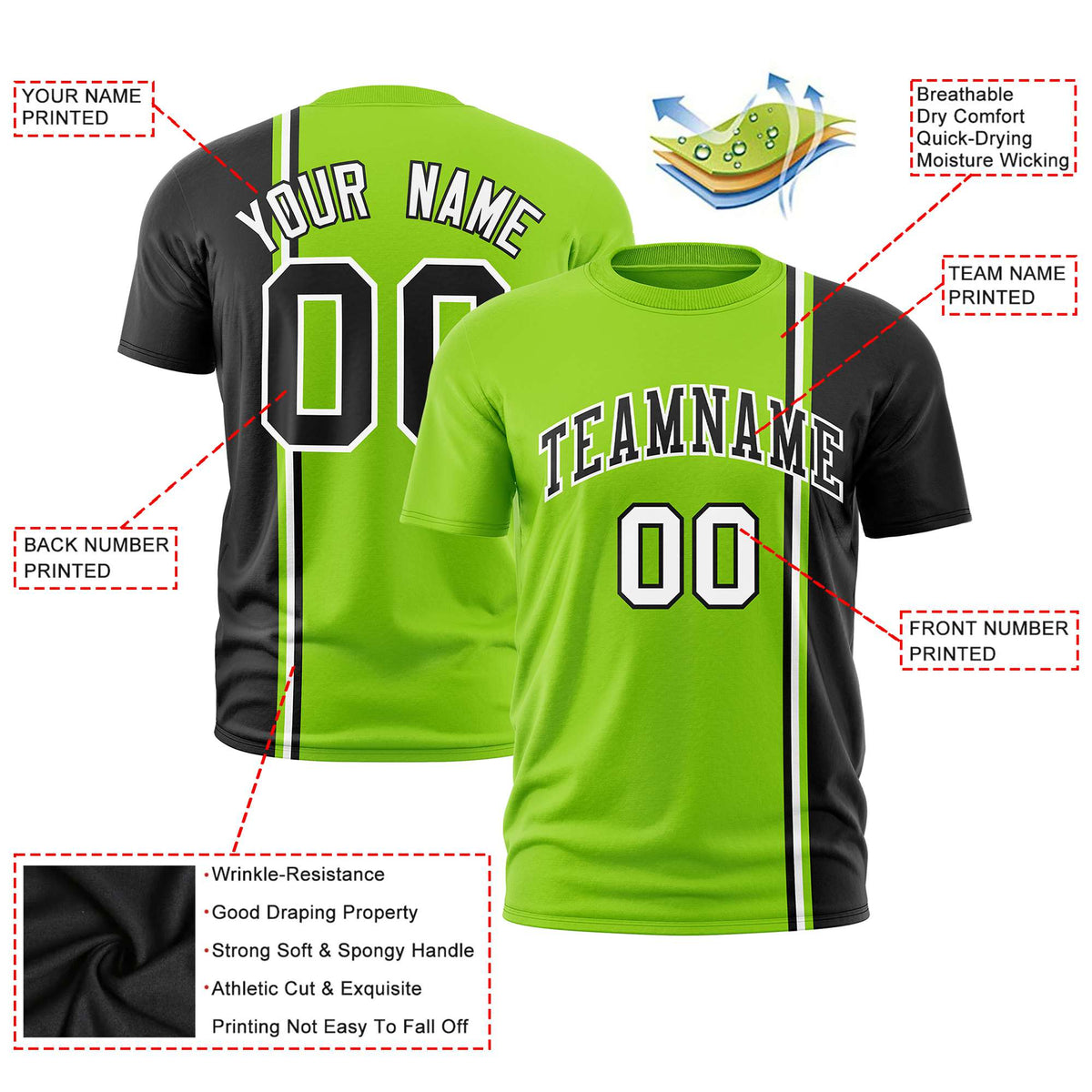 Custom Neon Green Black-White Crew neck Color Contrast Design T-Shirts