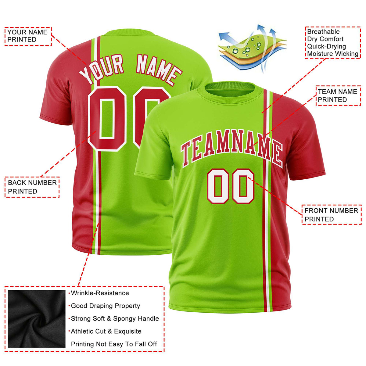 Custom Neon Green Red-White Crew neck Color Contrast Design T-Shirts