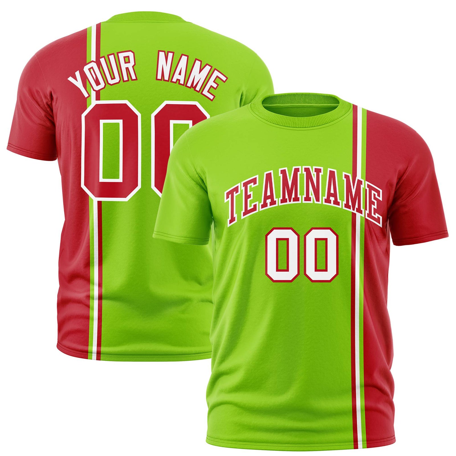 Custom Neon Green Red-White Crew neck Color Contrast Design T-Shirts