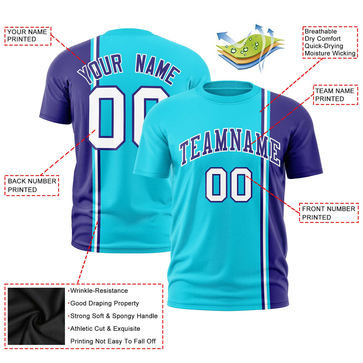 Custom Sky Blue Purple-White Crew neck Color Contrast Design T-Shirts